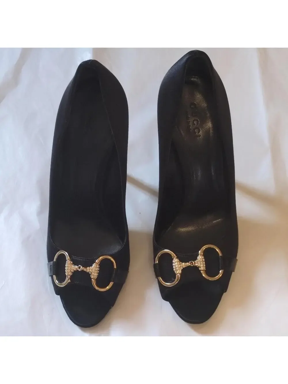 Vintage Gucci Black Rhinestone Buckle Peep Toe Stiletto Satin Pumps 36.5 C/US 7
